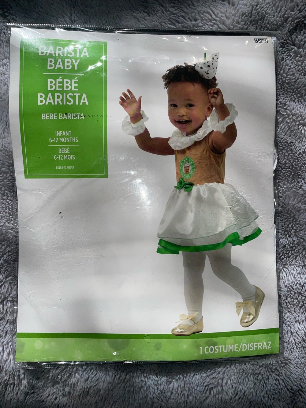 Green and White BABY BARISTA Infant Costume 6-12 months